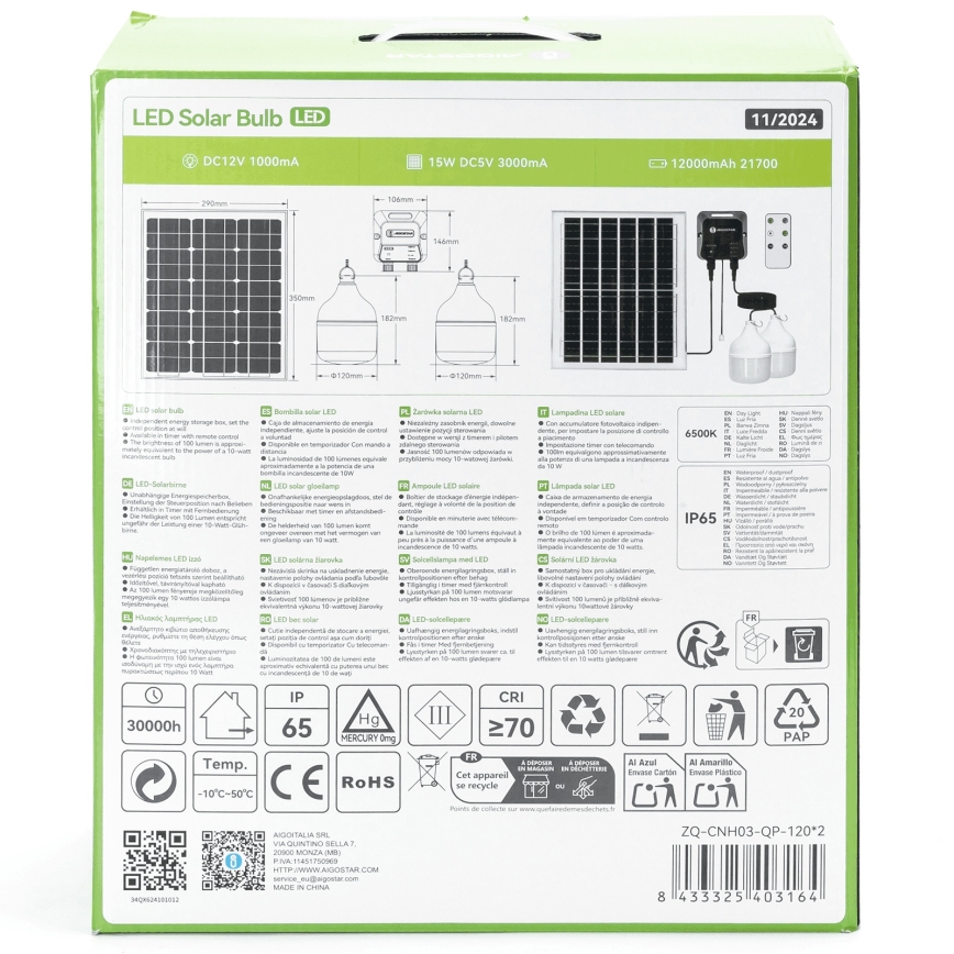 Aigostar - LED solcellsljuskrona 2xLED/70W/12V 12000 mAh 6500K diameter 12 cm + fjärrkontroll