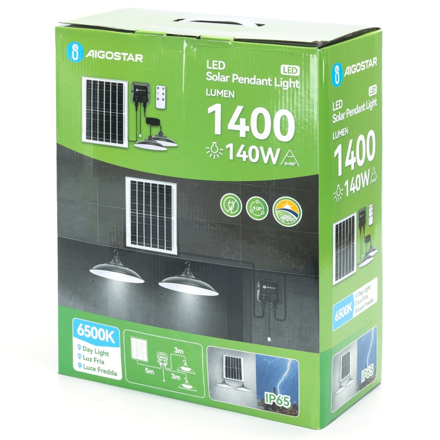 Aigostar - LED solcellsljuskrona 2xLED/70W/12V 12000 mAh 6500K diameter 23,5 cm + fjärrkontroll