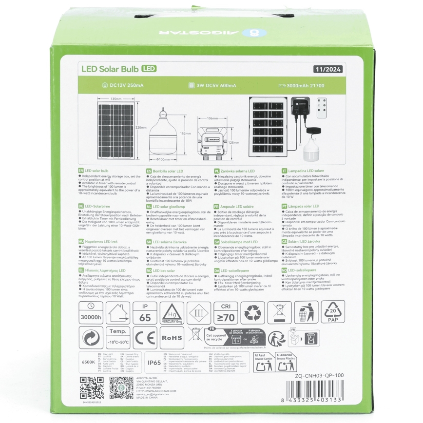 Aigostar - LED solcellsljuskrona LED/35W/12V 3000 mAh 6500K diameter 10 cm + fjärrkontroll