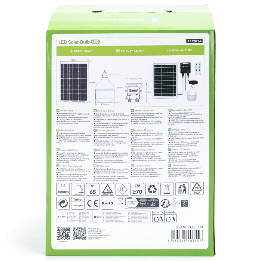 Aigostar - LED solcellsljuskrona LED/70W/12V 6000 mAh 6500K diameter 12 cm + fjärrkontroll