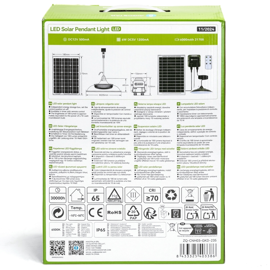 Aigostar - LED solcellsljuskrona LED/70W/12V 6000 mAh 6500K diameter 23,5 cm + fjärrkontroll