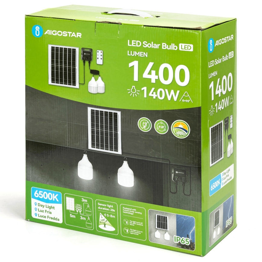 Aigostar - LED solcellsljuskrona med sensor 2xLED/70W/12V 12000 mAh 6500K diameter 12 cm + fjärrkontroll