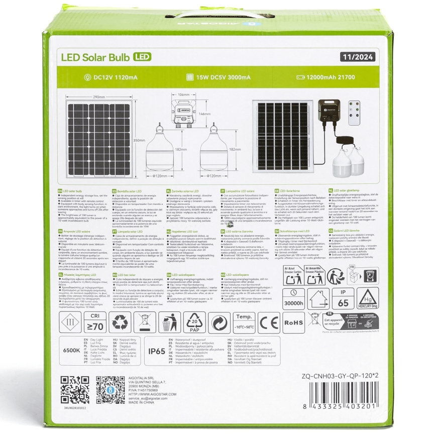 Aigostar - LED solcellsljuskrona med sensor 2xLED/70W/12V 12000 mAh 6500K diameter 12 cm + fjärrkontroll