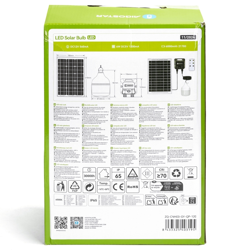 Aigostar - LED solcellsljuskrona med sensor LED/70W/12V 6000 mAh 6500K diameter 12 cm + fjärrkontroll