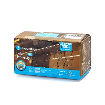 Aigostar - LED solcellsljusslinga för jul 100xLED/8 funktioner 8x0,6m 500 mAh IP65 kallvit