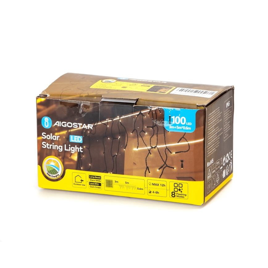 Aigostar - LED solcellsljusslinga 100xLED/8 funktioner 8x0,6m 800 mAh IP65 varmvit