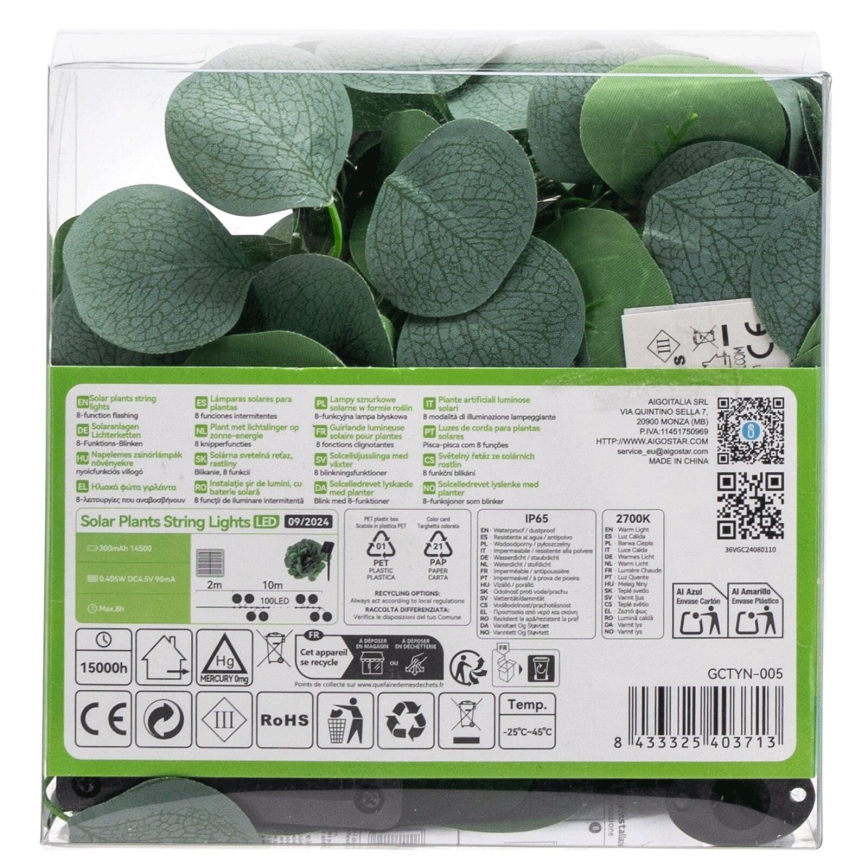 Aigostar - LED solcellsljusslinga 100xLED/12m IP65 varm vit eukalyptus