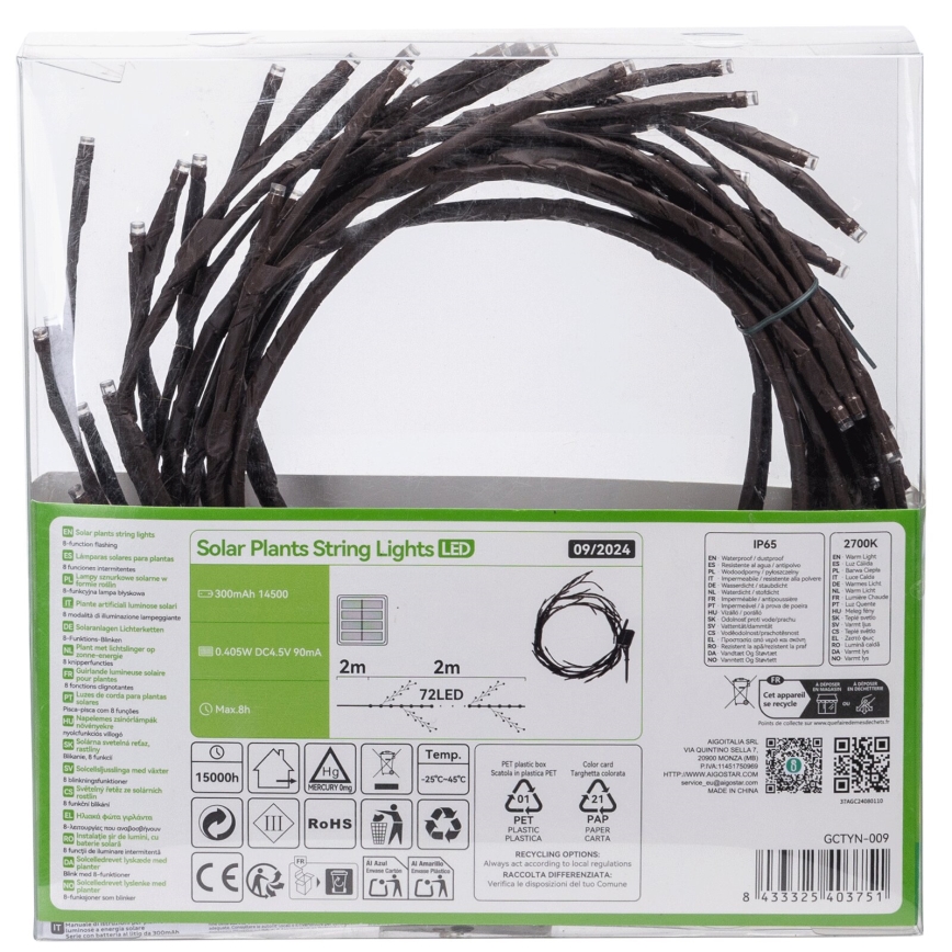 Aigostar - LED solcellsljusslinga 72xLED/4m IP65 300 mAh varm vit trädgrenar