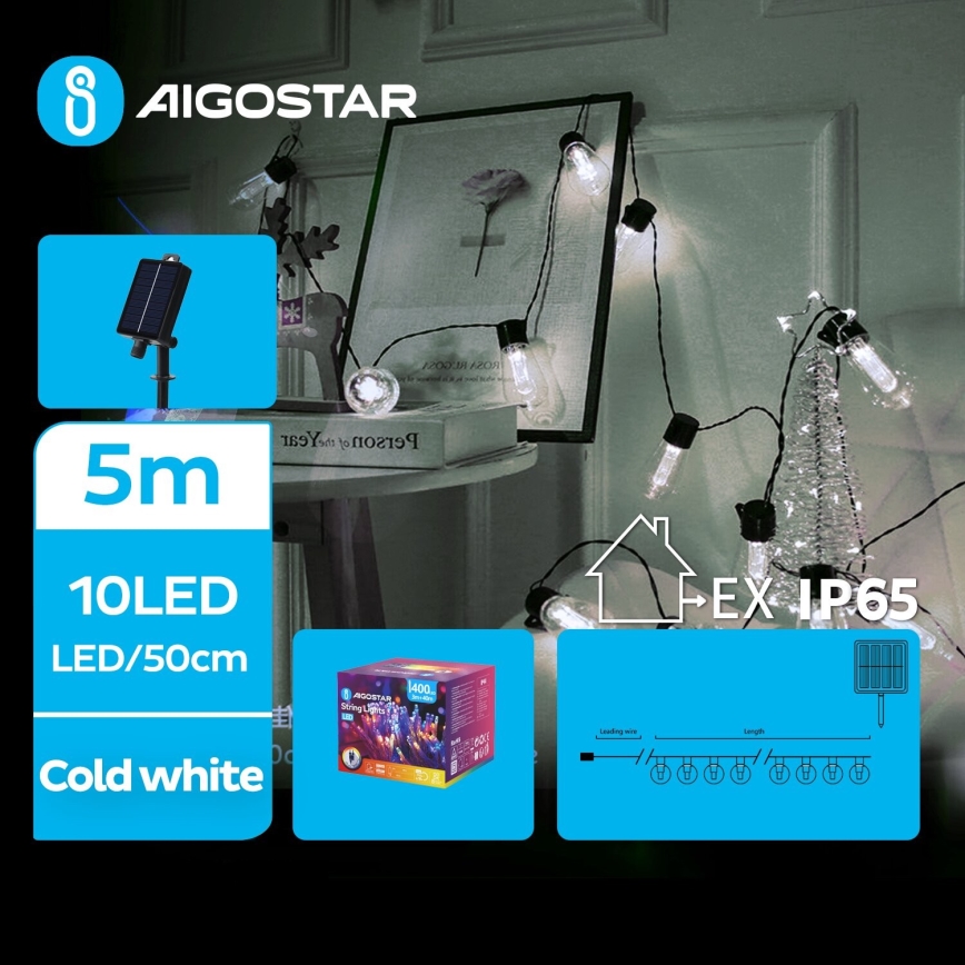 Aigostar - LED solcellsljusslinga för jul 10xLED/8 funktioner 6,5m 500 mAh IP65 kallvit