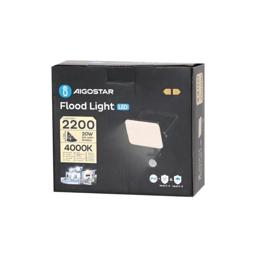 Aigostar - LED strålkastare med sensor LED/20W/230V 4000K IP65 svart
