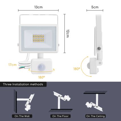 Aigostar - LED Strålkastare med sensor LED/20W/230V 4000K IP65 vit