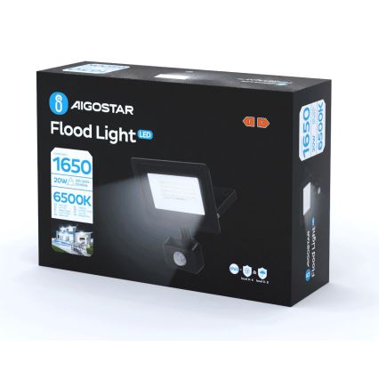 Aigostar - LED strålkastare med sensor LED/20W/230V 6500K IP65