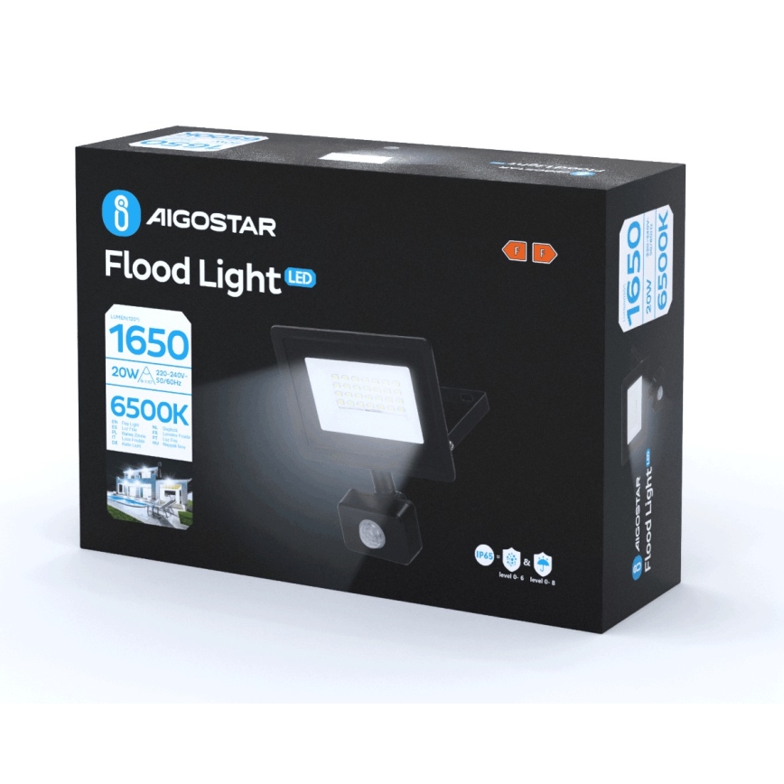 Aigostar - LED strålkastare med sensor LED/20W/230V 6500K IP65