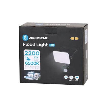 Aigostar - LED strålkastare med sensor LED/20W/230V 6500K IP65 svart
