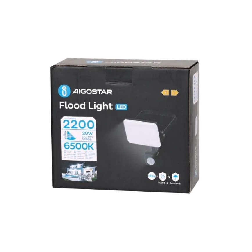 Aigostar - LED strålkastare med sensor LED/20W/230V 6500K IP65 svart