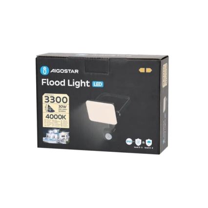 Aigostar - LED strålkastare med sensor LED/30W/230V 4000K IP65 svart
