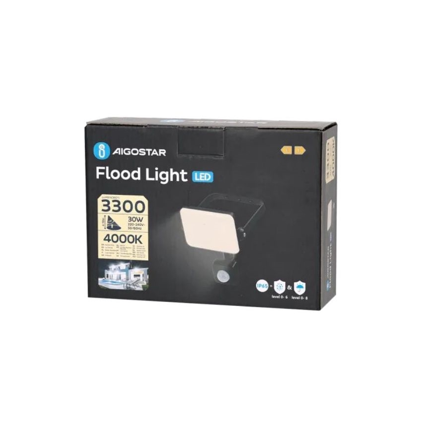 Aigostar - LED strålkastare med sensor LED/30W/230V 4000K IP65 svart