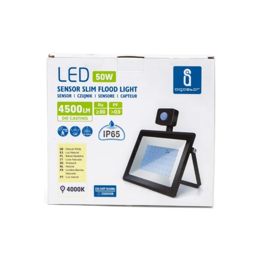 Aigostar - LED strålkastare med sensor LED/50W/230V 4000K IP65 svart