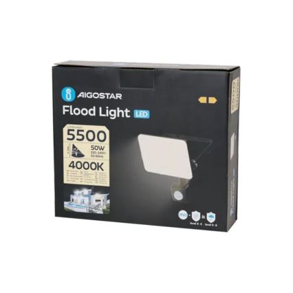 Aigostar - LED strålkastare med sensor LED/50W/230V 4000K IP65 svart