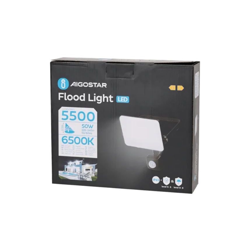 Aigostar - LED strålkastare med sensor LED/50W/230V 6500K IP65 svart