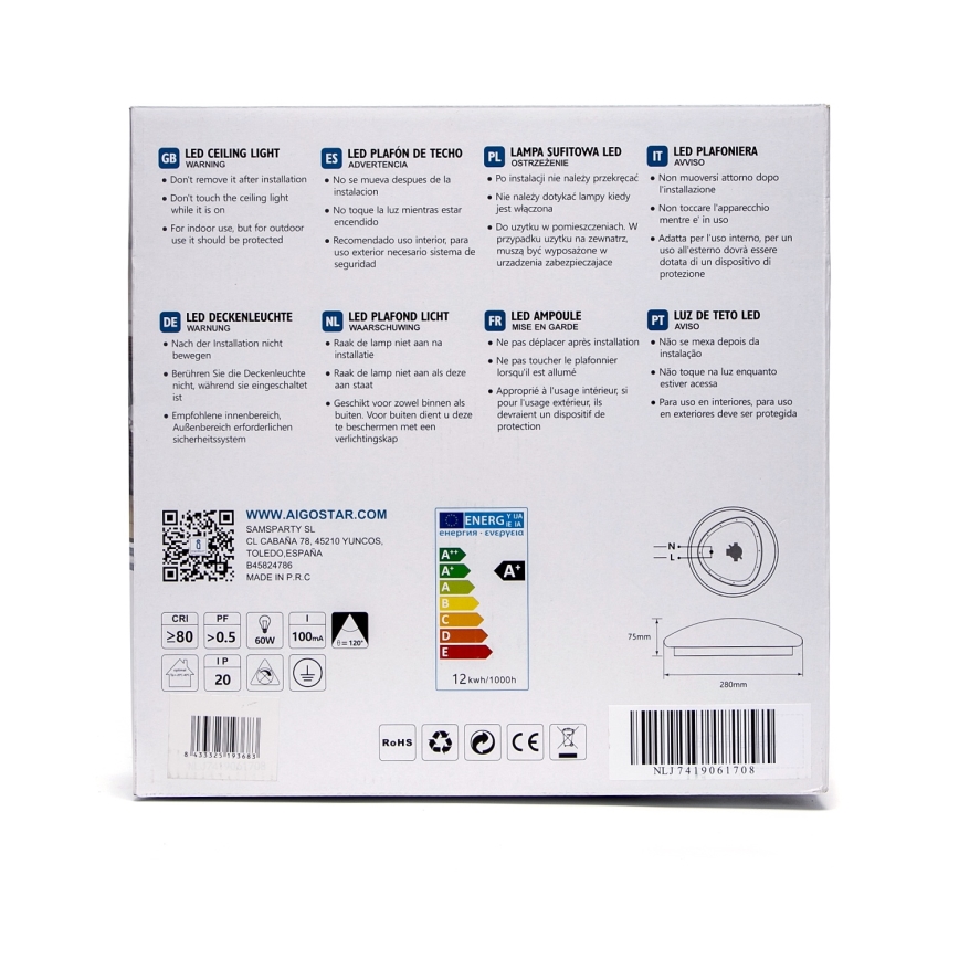Aigostar - LED-taklampa LED/12W/230V 3000K Ø 28 cm