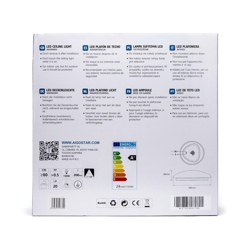 Aigostar - LED Taklampa med sensor LED/24W/230V 3000K