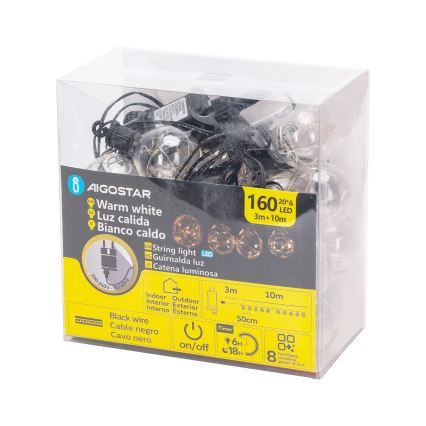 Aigostar - LED utomhus dekorationsslinga 160 LED, 10 m, IP44, varmvit