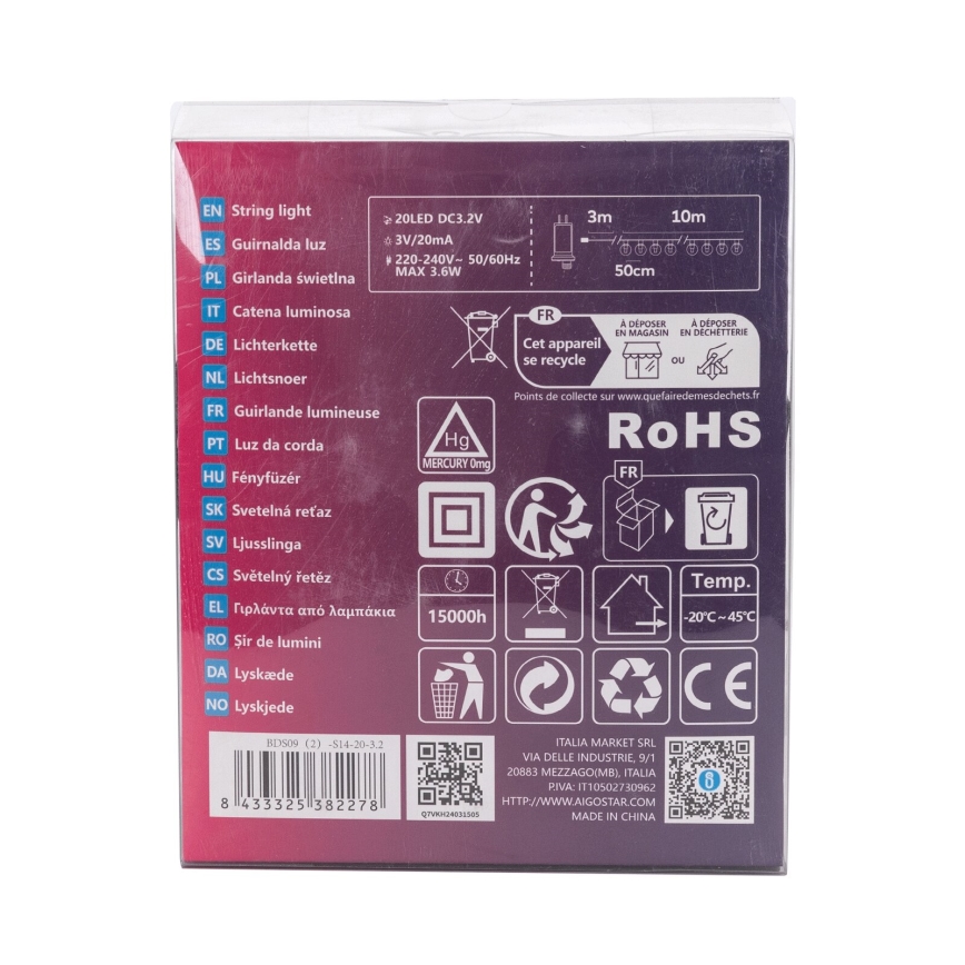 Aigostar - LED utomhus dekorationsljusslinga 20xLED/13m IP44 kallvit