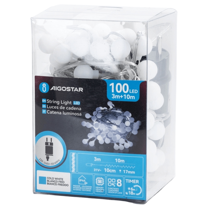 Aigostar - LED utomhus dekorationsljusslinga 100xLED/8 funktioner 10m IP44 kallvit