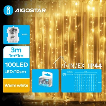 Aigostar - LED Utomhus julbelysning 100xLED/8 funktioner 3xAA 4x1m IP44 varmvit