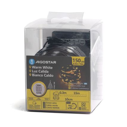Aigostar - LED Utomhus julbelysning 150xLED/8 funktioner 3xAA 15,3m IP44 varmvit