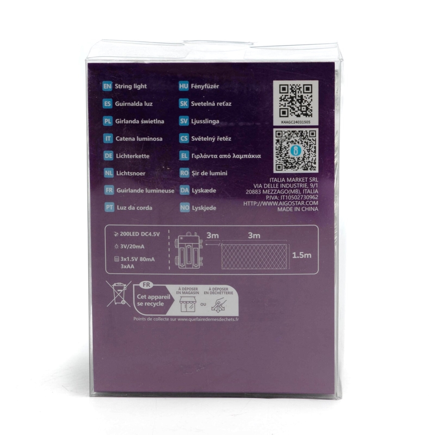 Aigostar - LED utomhus julbelysning 200xLED/8 funktioner/3xAA 6x1,5m IP44 kallvit