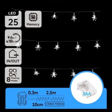 Aigostar - LED utomhus julbelysning, 25 LED, 8 funktioner, 3xAA, 2,5 m, IP44, kallvit