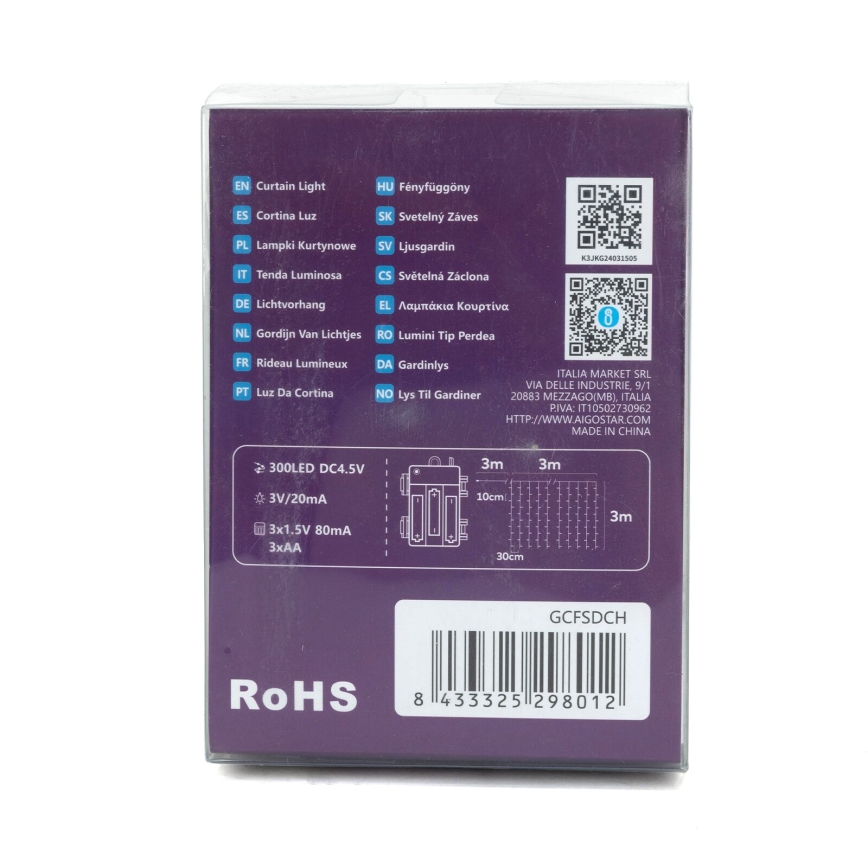 Aigostar-LED Utomhus julbelysning 300xLED/8 funktioner 3xAA 6x2m IP44 kallvit