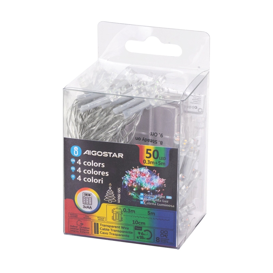 Aigostar - LED Utomhus julbelysning 50xLED/8 funktioner 3xAA 5,3m IP44 multicolor