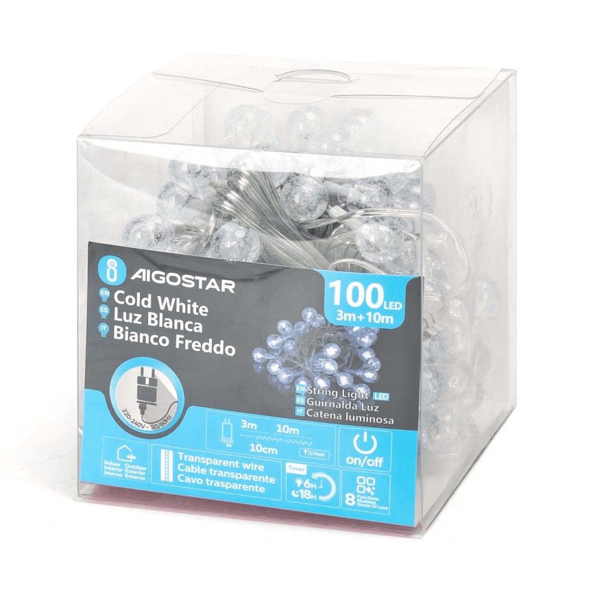 Aigostar - LED utomhus julbelysning, ljusslinga 100xLED/8 lägen 13m IP44 kallvit