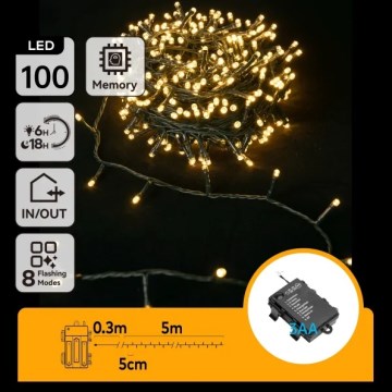 Aigostar - LED utomhus julslinga 100 LED/8 funktioner 3x AA 5,3 m IP44 varmvit