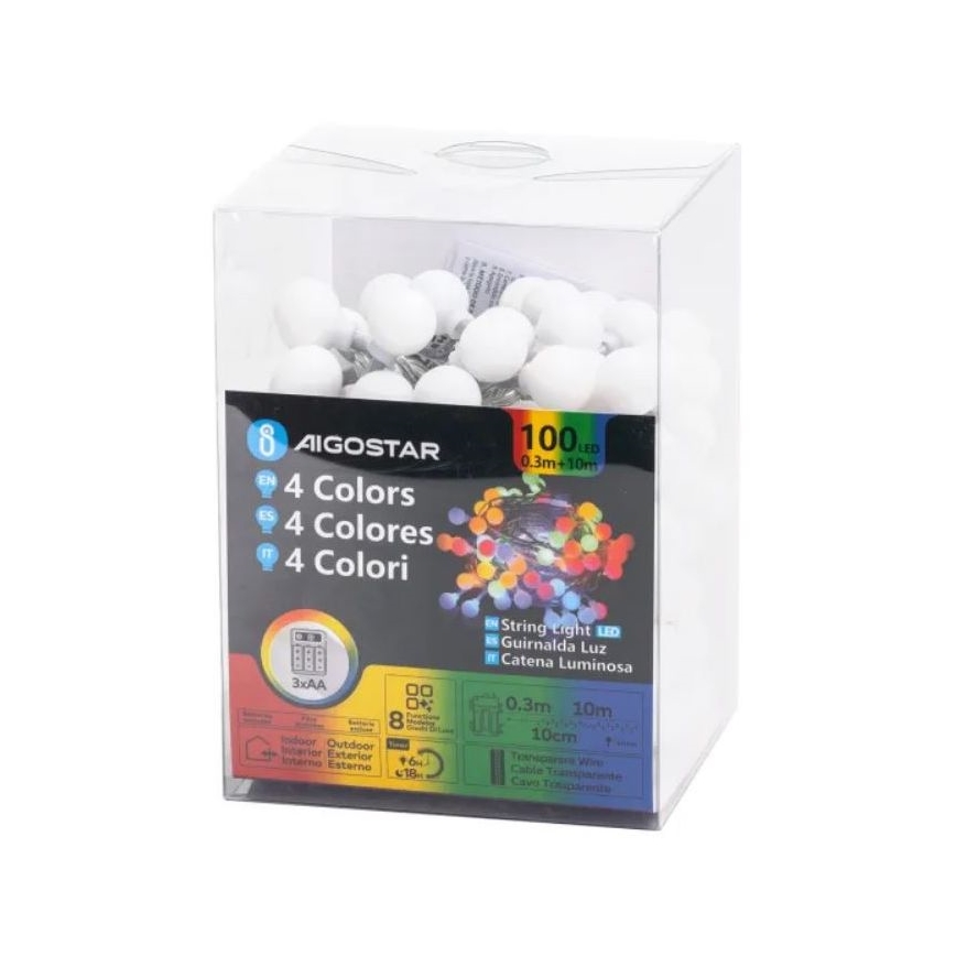 Aigostar - LED utomhus julslinga 100 LED/3×AA/8 funktioner 10,3 m IP44 flerfärgad
