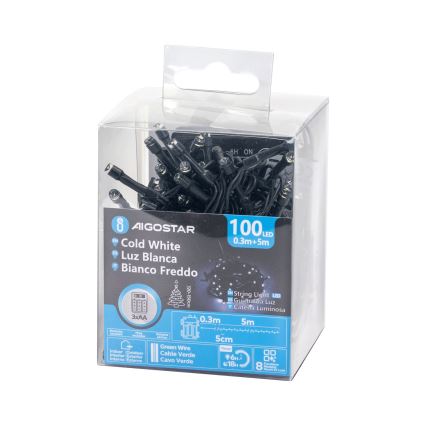 Aigostar - LED utomhusslinga för jul 100xLED/8 funktioner 3xAA 5,3 m IP44 kallvit
