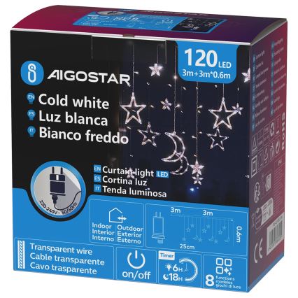 Aigostar - LED utomhus julslinga 120xLED/6W/230V/8 funktioner 3x0,6m IP44 kallvit + fjärrkontroll