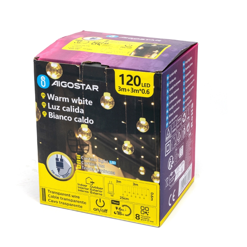 Aigostar - LED-utomhusslinga för jul 120 LED/8 funktioner 3 x 0,6 m IP44 varmvit + fjärrkontroll