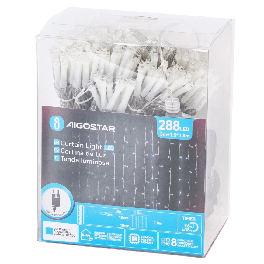 Aigostar - LED utomhus julbelysning 288 LED/8 ljuslägen 1,5x1,8m IP44 kallvit