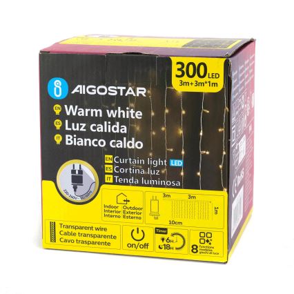Aigostar - LED utomhusslinga för jul 300xLED/8 funktioner 3x1m IP44 varmvitt + fjärrkontroll