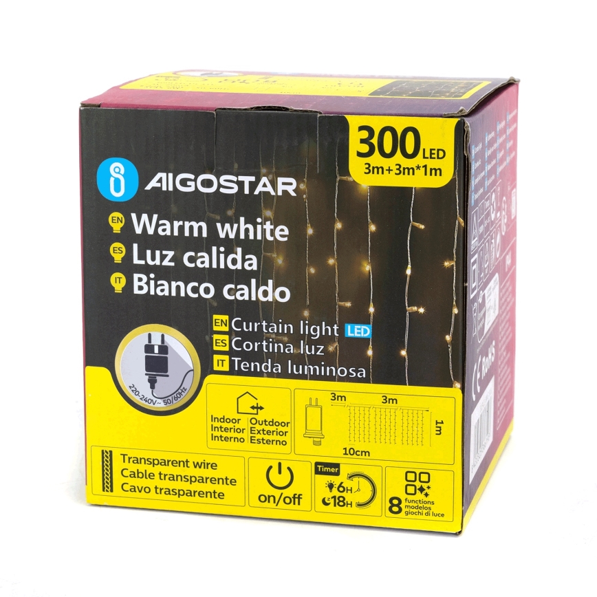 Aigostar - LED utomhusslinga för jul 300xLED/8 funktioner 3x1m IP44 varmvitt + fjärrkontroll