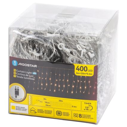 Aigostar - LED-ljusslinga för utomhusbruk, 400 LED, 8 funktioner, 20×0,4 m, IP44, varmvit