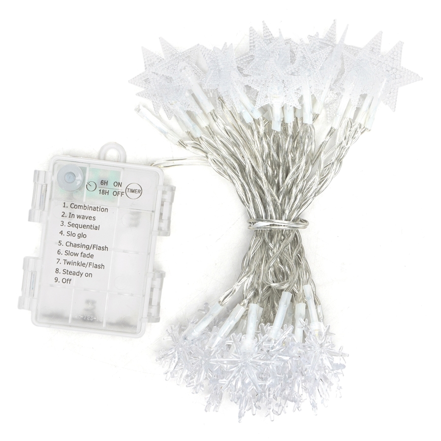 Aigostar - LED utomhus julslinga 50xLED, 8 ljuslägen, 3xAA, 5 m, IP44, kallvit, stjärnor