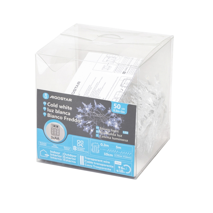 Aigostar - LED utomhus julslinga 50xLED, 8 ljuslägen, 3xAA, 5 m, IP44, kallvit, stjärnor