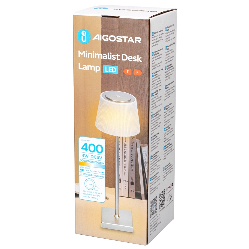 Aigostar - LED Utomhusdimbar uppladdningsbar bordslampa LED/4W/5V 3600mAh vit/matt krom IP54