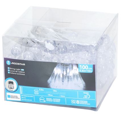 Aigostar - LED utomhus julslinga 100xLED/8 funktioner 3xAA 10m IP44 kallvita droppformade lampor