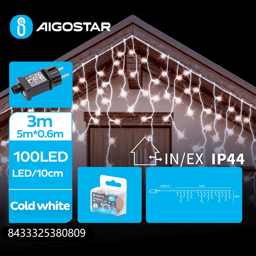 Aigostar - LED utomhus ljusslinga för jul 100xLED/8 funktioner 8x0,6m IP44 kallvit